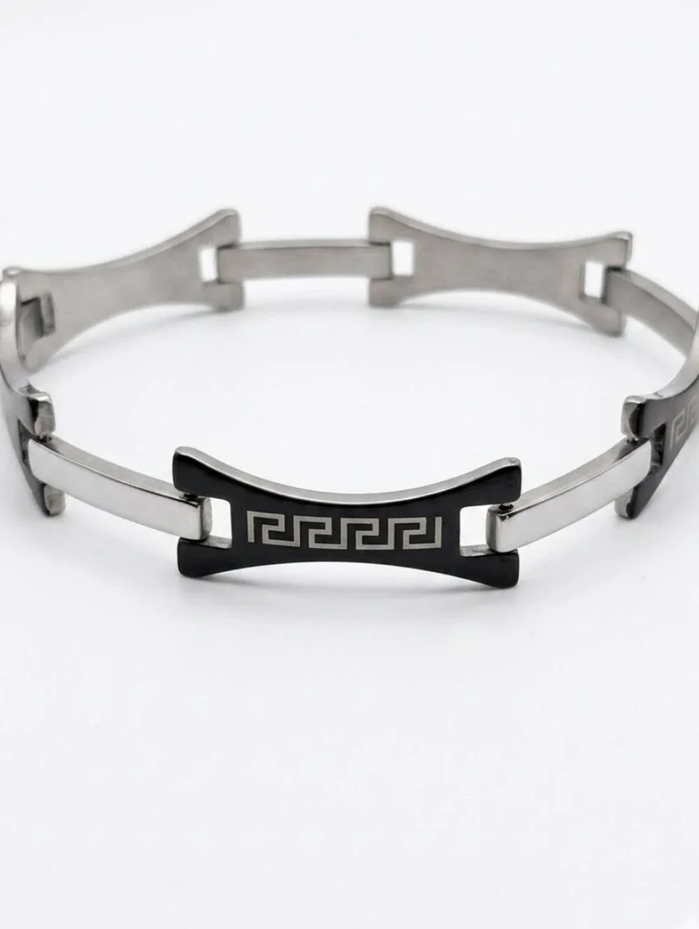 Stainless Steel Black & Silver Geometric Design Link Bracelet for Men